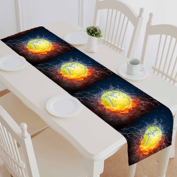 PKQWTM Tennis Ball In Fire And Water Cotton and Linen Table Runner Kitchen Dining Room Supplies Size 16x72 Inch