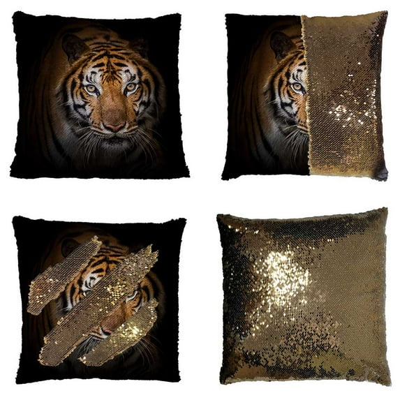 PKQWTM Tiger Looking At Me And Get Angry Reversible Mermaid Cushion Cover Home Decor Sequin Pillow Case Size 18x18 inches