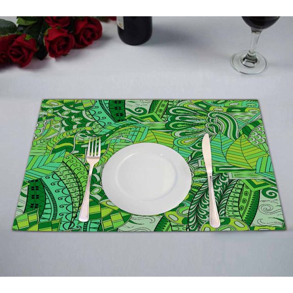 PKQWTM Tracery Mehendi Green Doodle Texture Algae Sea Motif Kitchen Dining Table Mats Placemats Size 12x18 Inches, Set of 2 Pieces