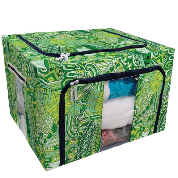 PKQWTM Tracery Mehendi Green Doodle Texture Algae Sea Motif Storage Bag Clear Window Storage Bins Boxes Large Capacity Foldable Stackable Organizer With Steel Metal Frame For Clothes,Closets, Bedrooms