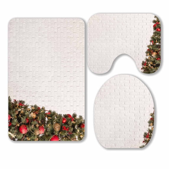 PKQWTM Traditional Christmas Tree White Brick Wall 3 Piece Bathroom Rugs Set Bath Rug Contour Mat and Toilet Lid Cover