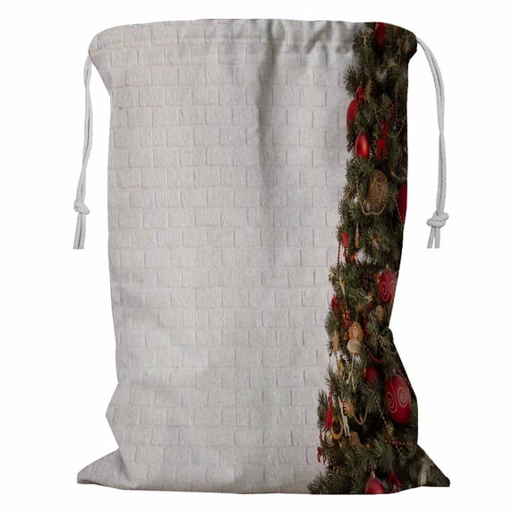 PKQWTM Traditional Christmas Tree White Brick Wall Storage Basket Laundry Bag with Drawstring Size 18x24 Inch