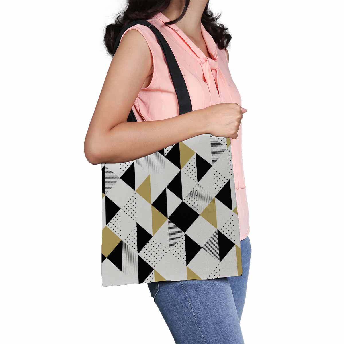 Triangle Checkered Khaki Canvas Tote Bag