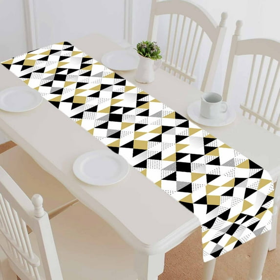 PKQWTM Triangles Gold Black White Triangle Cotton and Linen Table Runner Kitchen Dining Room Supplies Size 14x72 Inch