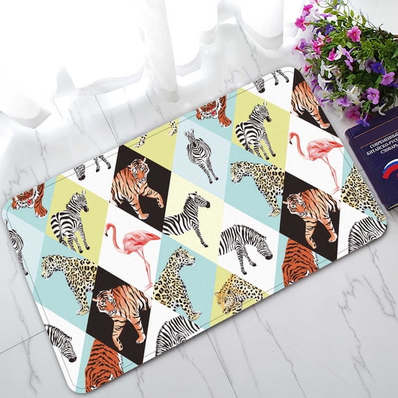 PKQWTM Tropical Animals Jungle Zebrapink Flamingo Tiger Lion Home Decor Floor Mat Area Rug Doormat Size 18x30 Inches