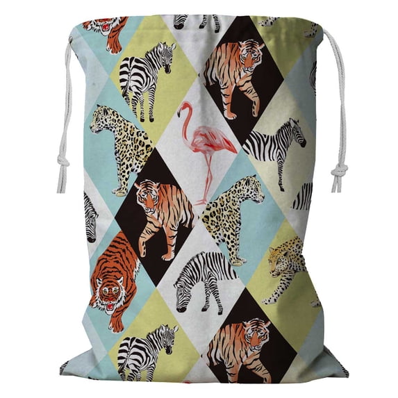 PKQWTM Tropical Animals Jungle Zebrapink Flamingo Tiger Lion Storage Basket Laundry Bag with Drawstring Size 24x32 Inch