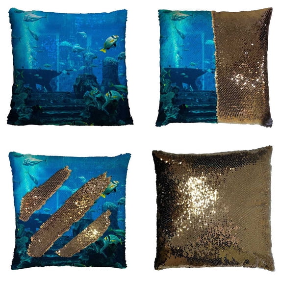 PKQWTM Tropical Fish On A Coral Reef In Dubai Aquarium Reversible Mermaid Cushion Cover Home Decor Sequin Pillow Case Size 20x20 inches