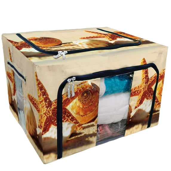 PKQWTM Tropical Island Sandy Beach Seashell Starfish Storage Bag Clear Window Storage Bins Boxes Large Capacity Foldable Stackable Organizer With Steel Metal Frame For Clothes,Closets, Bedrooms