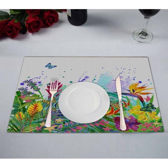 PKQWTM Tropical Leaves Flowers Butterfly Summer Floral Kitchen Dining Table Mats Placemats Size 12x18 Inches, Set of 2 Pieces
