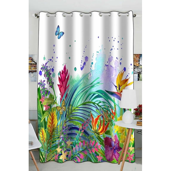 PKQWTM Tropical Leaves Flowers Butterfly Summer Floral Practical heat insulation Shading Window Curtain Size 52(W)x84(H) inches(One Piece)