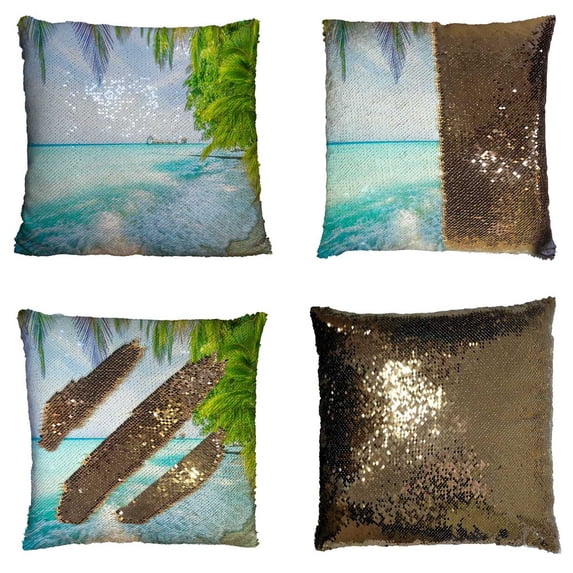 PKQWTM Tropical Maldives Island Beach Sea Sky Reversible Mermaid Cushion Cover Home Decor Sequin Pillow Case Size 20x20 inches
