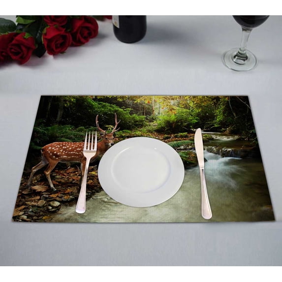 PKQWTM Tropical Stream And Sika Deer Kitchen Dining Table Mats Placemats Size 12x18 Inches, Set of 2 Pieces