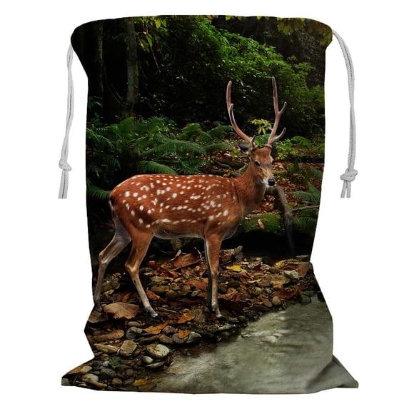 PKQWTM Tropical Stream And Sika Deer Storage Basket Laundry Bag with Drawstring Size 24x32 Inch