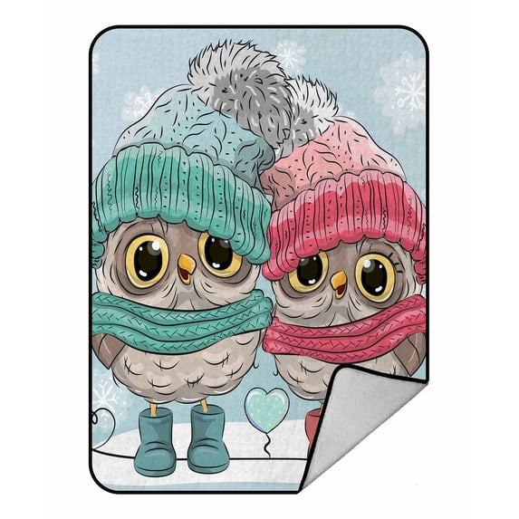 PKQWTM Two Owls Boy And Girl In Hats And Scarves Blanket Crystal Velvet Throw Bed Blanket 58x80 inches
