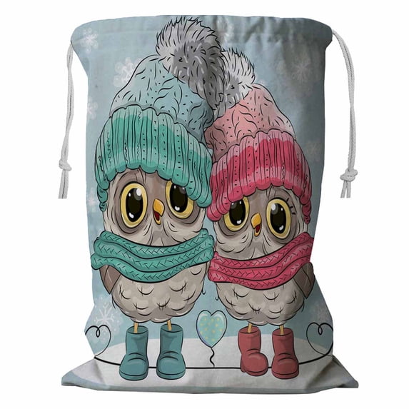 PKQWTM Two Owls Boy And Girl In Hats And Scarves Storage Basket Laundry Bag with Drawstring Size 18x24 Inch