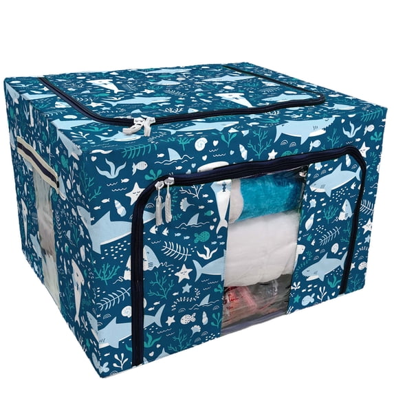 PKQWTM Underwater Cute Sharks Storage Bag Clear Window Storage Bins Boxes Large Capacity Foldable Stackable Organizer With Steel Metal Frame For Bedding,Clothes,Closets, Bedrooms