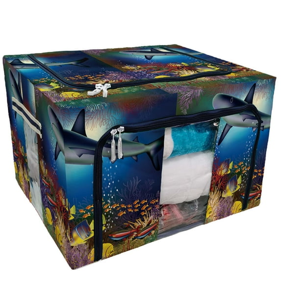 PKQWTM Underwater Shark Tropical Fish Storage Bag Clear Window Storage Bins Boxes Large Capacity Foldable Stackable Organizer With Steel Metal Frame For Bedding,Clothes,Closets, Bedrooms