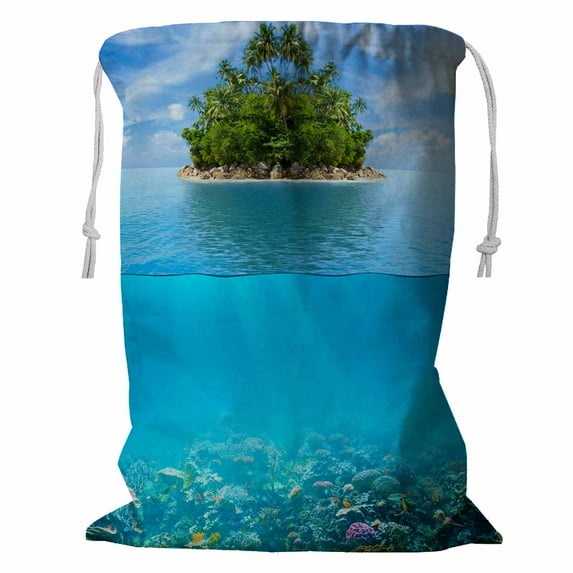 PKQWTM Underwater coral reef seabed tropical island Storage Basket Laundry Bag with Drawstring Size 24x32 Inch