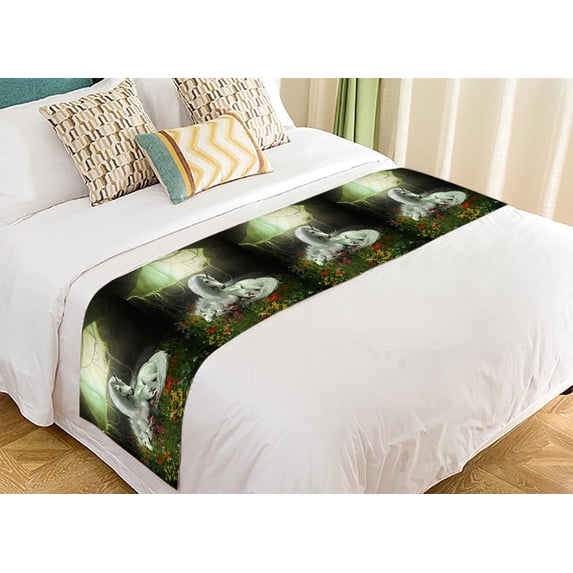 PKQWTM Unicorn Mother Foal Magical Forest Cavern Flowers Bed Runner Bedroom Bedding Decor Bedding Scarf Size 20x95 inches