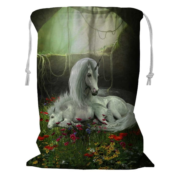 PKQWTM Unicorn Mother Foal Magical Forest Cavern Flowers Storage Basket Laundry Bag with Drawstring Size 18x24 Inch