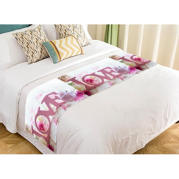 PKQWTM Valentine Day Letters Love Flowers Old Vintage Wooden Bed Runner Bedroom Bedding Decor Bedding Scarf Size 20x95 inches