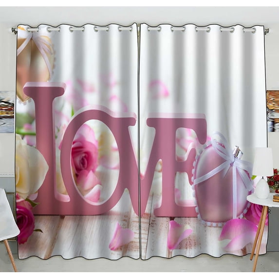 PKQWTM Valentine Day Letters Love Flowers Old Vintage Wooden Practical heat insulation Shading Window Curtain Size 52(W) x 84(H) inches (Two Piece)