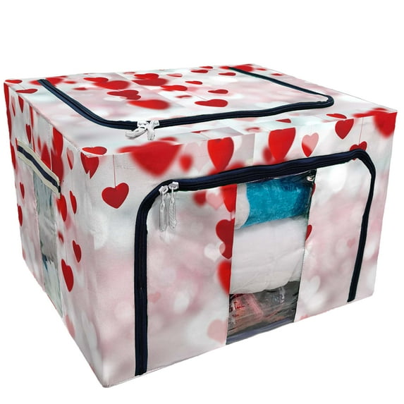 PKQWTM Valentine'S Day Hearts Storage Bag Clear Window Storage Bins Boxes Large Capacity Foldable Stackable Organizer With Steel Metal Frame For Bedding,Clothes,Closets, Bedrooms