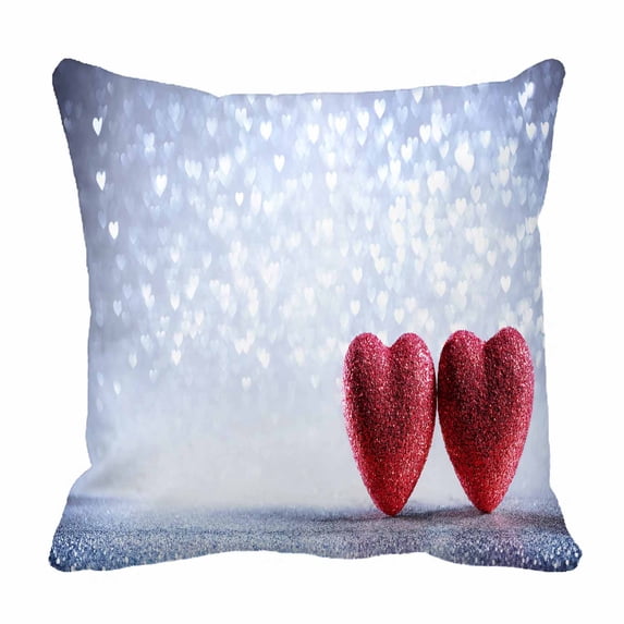 PKQWTM Valentines Shiny Two Hearts On Silver Bed Decor Pillow Cases Zippered Cushion Cover Size 20x20 Inches