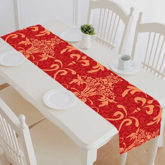 PKQWTM Victorian ornament red and gold Cotton and Linen Table Runner Kitchen Dining Room Supplies Size 14x72 Inch