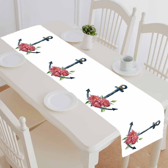 PKQWTM Vintage Anchor With Rope And Peony Flower Cotton and Linen Table Runner Kitchen Dining Room Supplies Size 16x72 Inch