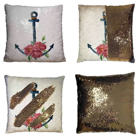 PKQWTM Vintage Anchor With Rope And Peony Flower Reversible Mermaid Cushion Cover Home Decor Sequin Pillow Case Size 18x18 inches