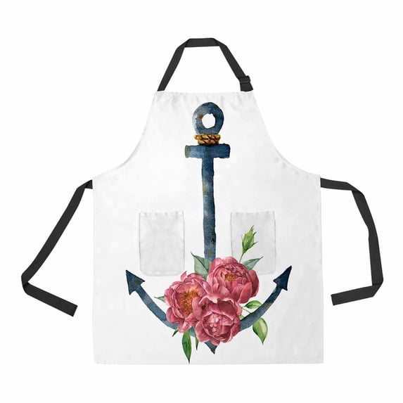 PKQWTM Vintage Anchor With Rope And Peony Flower Unisex Adjustable Bib Apron with Pockets for Commercial Restaurant and Home Kitchen Use