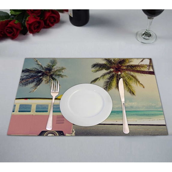 PKQWTM Vintage Car Beach Surfboard Roof Kitchen Dining Table Mats Placemats Size 12x18 Inches, Set of 2 Pieces