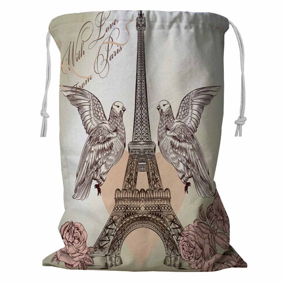 PKQWTM Vintage Card With Eiffel Tower Storage Basket Laundry Bag with Drawstring Size 18x24 Inch