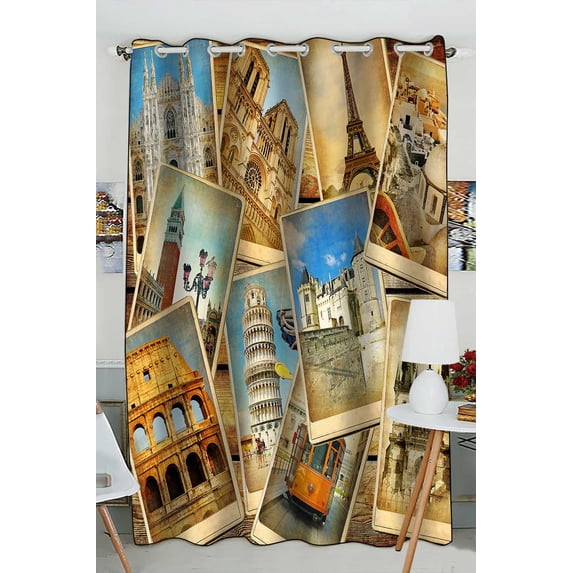 PKQWTM Vintage Collage European Travel Practical heat insulation Shading Window Curtain Size 52(W) x 84(H) inches (One Piece)