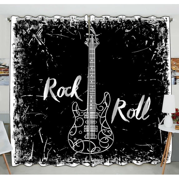 PKQWTM Vintage Electric Guitar Lettering Rock Roll Grunge Practical heat insulation Shading Window Curtain Size 52(W) x 84(H) inches (Two Piece)
