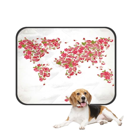 PKQWTM Vintage Floral Rose World Map Red Pink Color Fabric Antique World Map Rose Flower Pet Dog Cat Bed Pee Pads Mat Cushion Potty Dogsblankets Crate Bed Kennel 36x48 inch