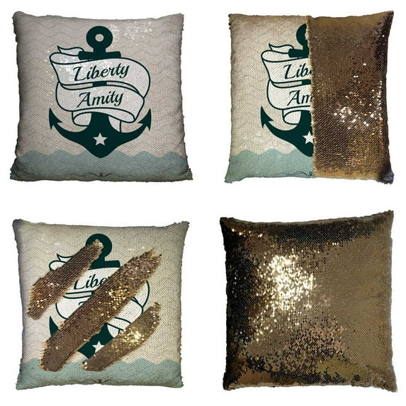 PKQWTM Vintage Retro Nautical Badge Reversible Mermaid Cushion Cover Home Decor Sequin Pillow Case Size 16x16 inches
