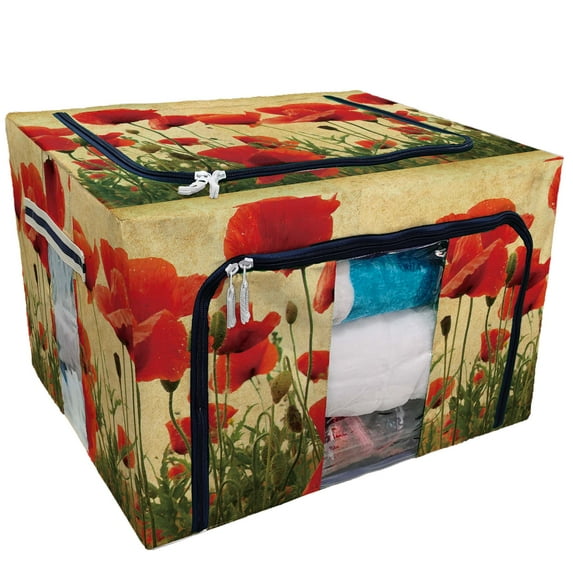 PKQWTM Vintage Retro Poppy Flower Field Storage Bag Clear Window Storage Bins Boxes Large Capacity Foldable Stackable Organizer With Steel Metal Frame For Bedding,Clothes,Closets, Bedrooms