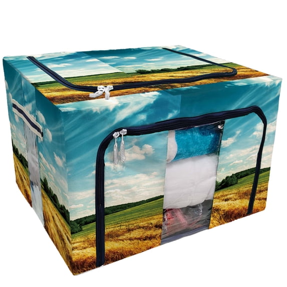 PKQWTM Vintage Sunset Wheat Field Auntumn Scenery Blue Sky Storage Bag Clear Window Storage Bins Boxes Large Capacity Foldable Stackable Organizer With Steel Metal Frame For Clothes,Closets, Bedrooms