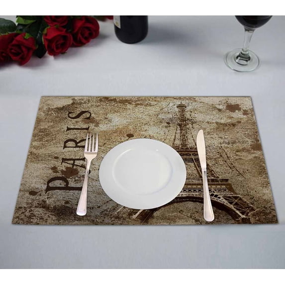 PKQWTM Vintage View Of Paris On The Grunge Kitchen Dining Table Mats Placemats Size 12x18 Inches, Set of 2 Pieces