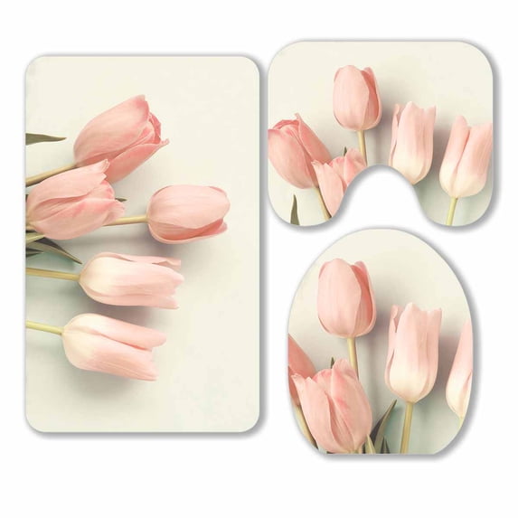 PKQWTM Vintage pink tulips 3 Piece Bathroom Rugs Set Bath Rug Contour Mat and Toilet Lid Cover