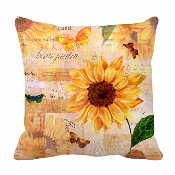 PKQWTM Vintage sunflowers butterflies toned scraps visible garden Bed Decor Pillow Cases Zippered Cushion Cover Size 18x18 Inches