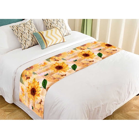 PKQWTM Vintage sunflowers butterflies toned scraps visible garden Bed Runner Bedroom Bedding Decor Bedding Scarf Size 20x95 inches