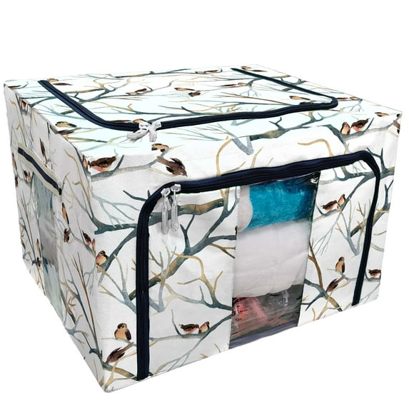 PKQWTM Watercolor Birds Tree Branches Flock Winter Storage Bag Clear Window Storage Bins Boxes Large Capacity Foldable Stackable Organizer With Steel Metal Frame For Bedding,Clothes,Closets, Bedrooms