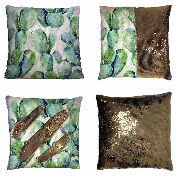 PKQWTM Watercolor Cactus Floral Reversible Mermaid Cushion Cover Home Decor Sequin Pillow Case Size 16x16 inches