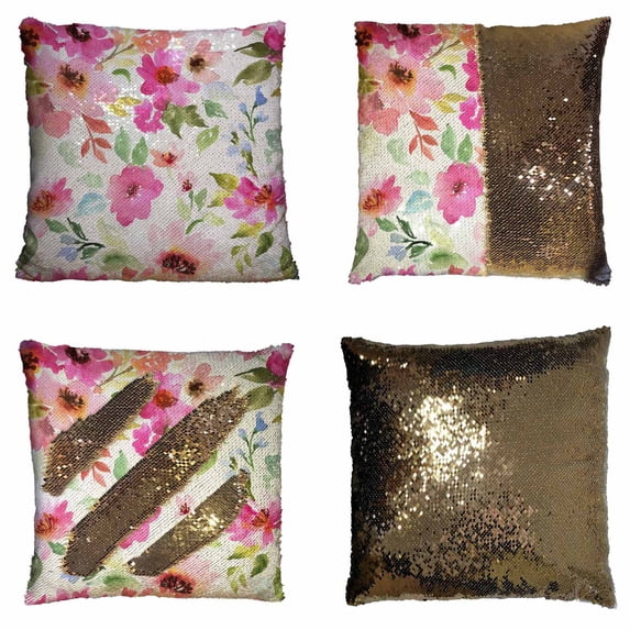 PKQWTM Watercolor Floral Purple Pink Bouquet White Floral Reversible Mermaid Cushion Cover Home Decor Sequin Pillow Case Size 20x20 inches