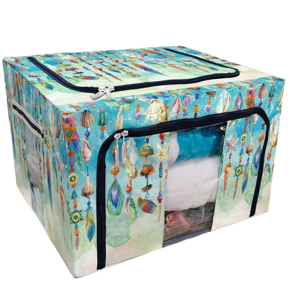PKQWTM Watercolor Jewellery Seashells Beads Feath Home Decor Storage Bag Clear Window Storage Bins Boxes Large Capacity Foldable Stackable Organizer With Steel Metal Frame For Clothes,Closets,Bedrooms