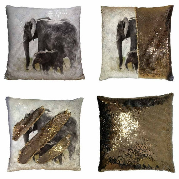 PKQWTM Watercolor Painting Of Elephants Reversible Mermaid Cushion Cover Home Decor Sequin Pillow Case Size 20x20 inches
