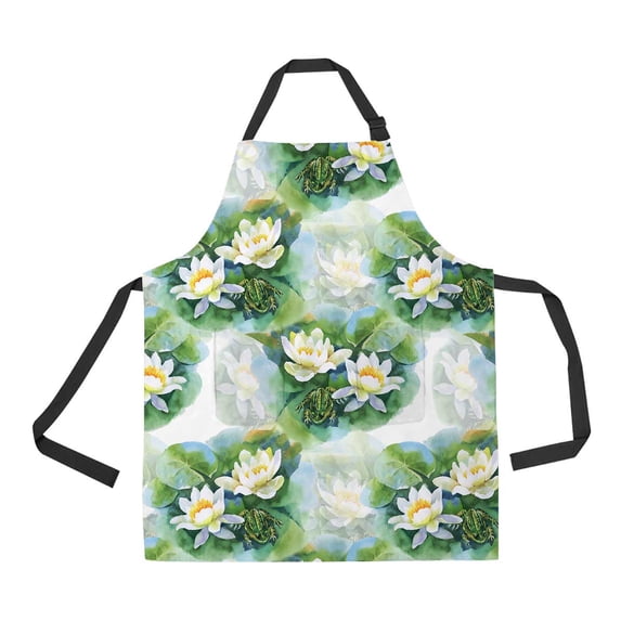 PKQWTM Watercolor White Water Lilly Flowers Frog Pond White Unisex Adjustable Bib Apron with Pockets for Commercial Restaurant and Home Kitchen Use